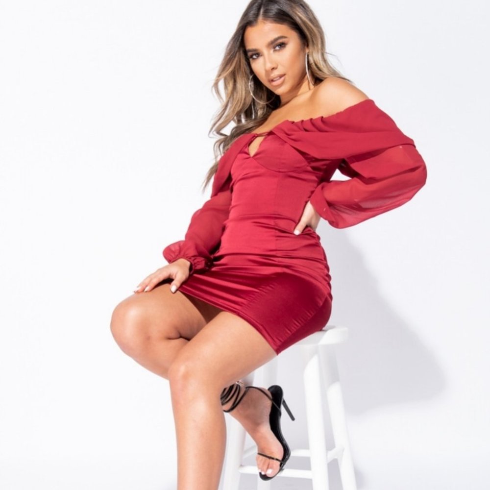 Burgundy Satin Silk Long Balloon Sleeve Off Shoulder Bodycon Mini Dress - Picture 6 of 8